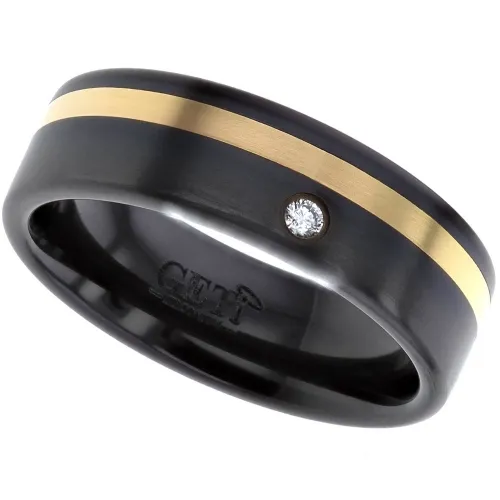 Black Zirconium Mens Ring Flat Profile, 1.5mm Gold Strip and 3 Point Diamond